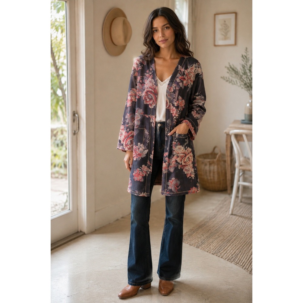 Solitaire Womens Navy Pink Floral‎ Open Front Duster Cardigan Jacket Pockets M